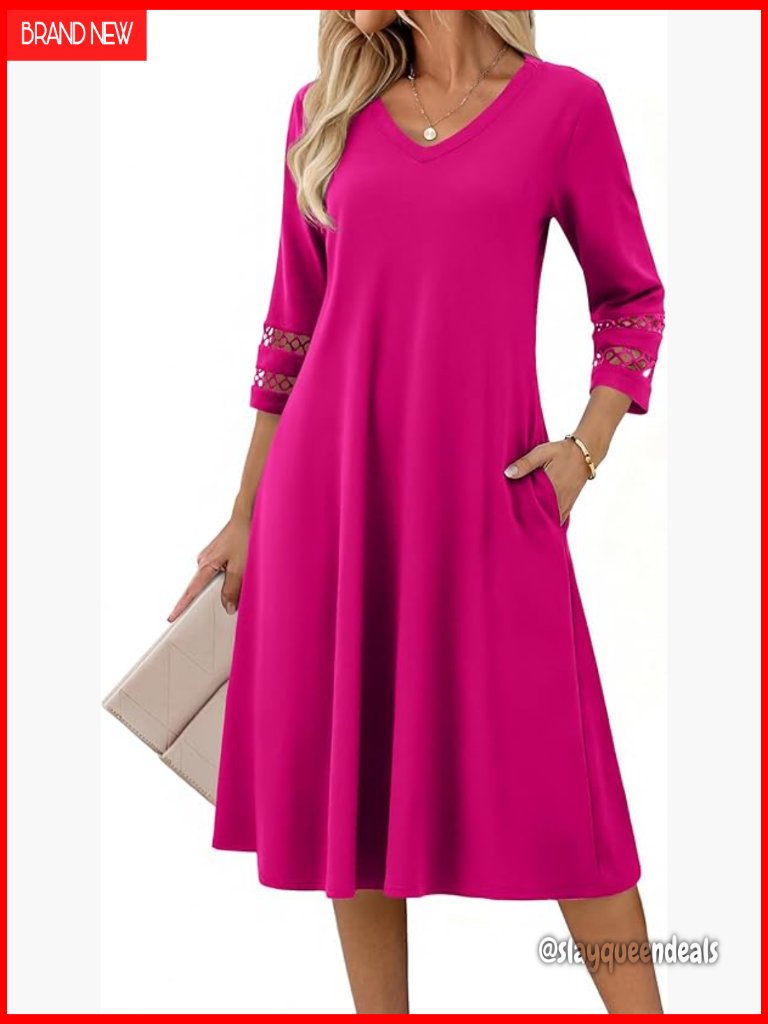 3/4 Sleeve V-Neck A-Line Eyelet Midi Dress With Pockets